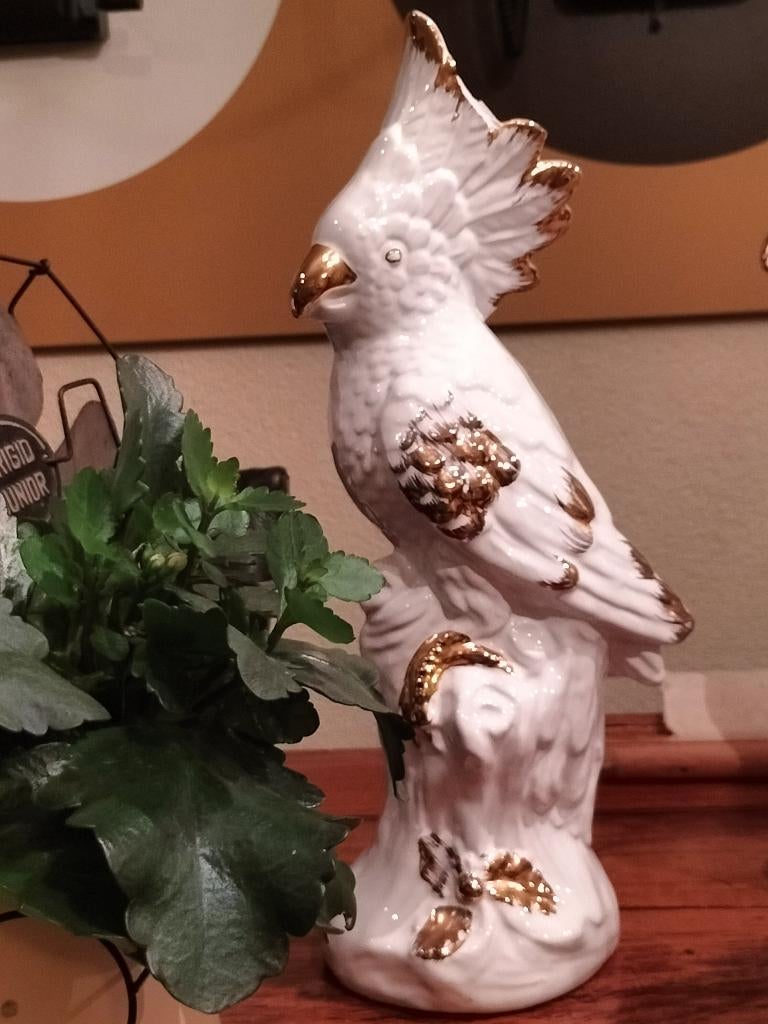 Prachtig groot vintage kaketoe beeld wit + goud 36,5 cm hoog, Ophalen, Gebruikt, Dier