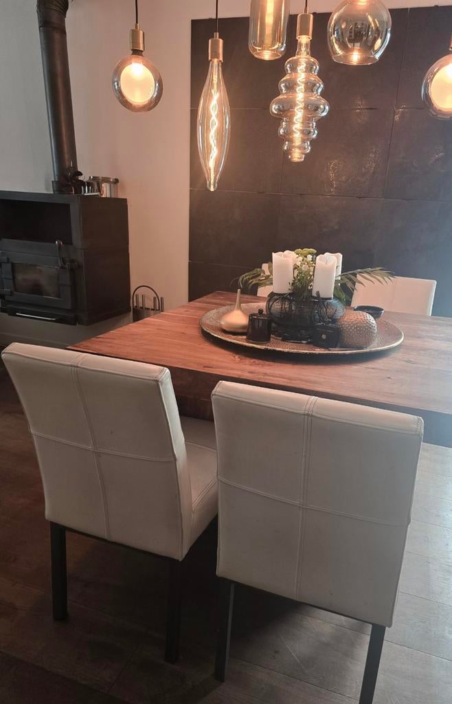 4 mooie leren wit/creme kleurige eetkamer stoelen, Gebruikt, Wit, Leer, Ophalen of Verzenden