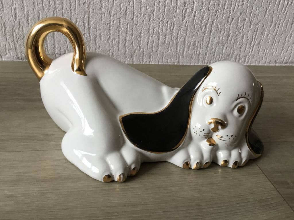 Wit hondenbeeldje, met zwart en goud, Ophalen of Verzenden, Gebruikt, Dier