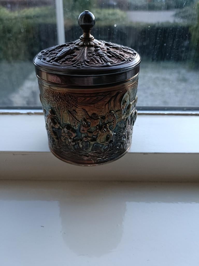 Theebusje Douwe Egberts Verzilverd met deksel, Antiek en Kunst, Antiek | Goud en Zilver, Ophalen, Zilver