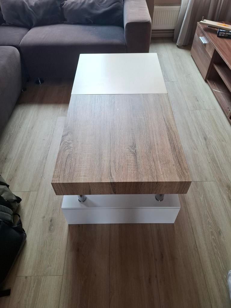 Salontafel wit/zacht oranje/houtkleur met uitschuifbaar blad, Huis en Inrichting, Tafels | Salontafels, Ophalen, 100 tot 150 cm