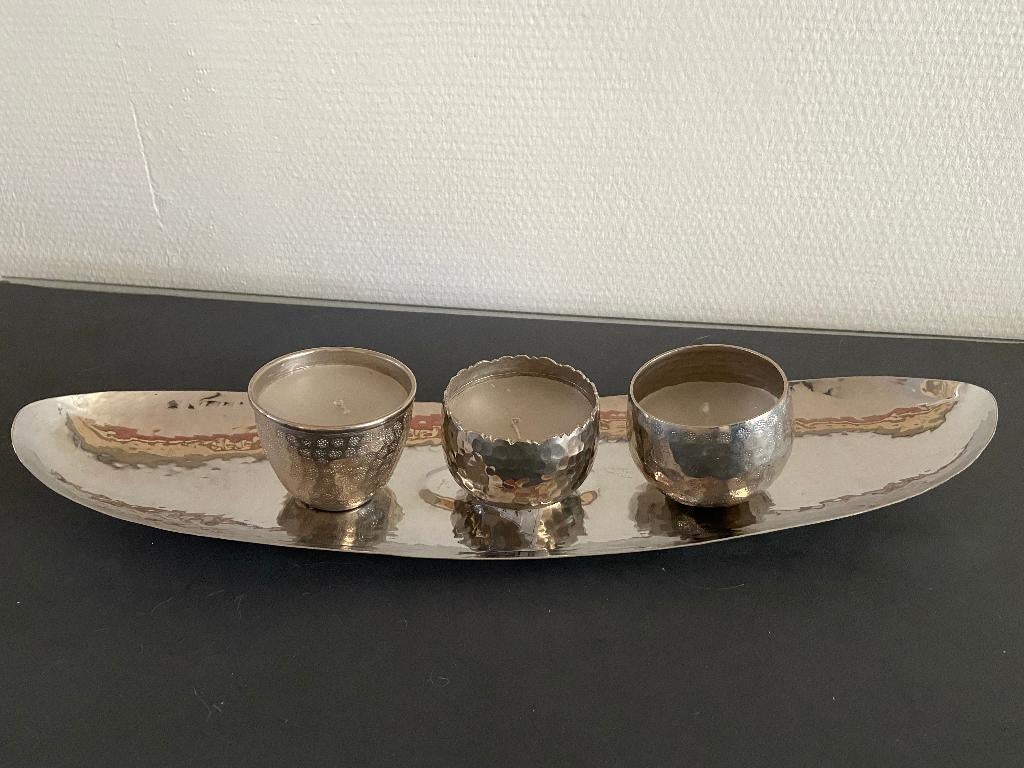 kaars decoratie schaal ovaal met 3 kaarsen houder als set, Ophalen of Verzenden, Nieuw, Overige materialen, Minder dan 25 cm