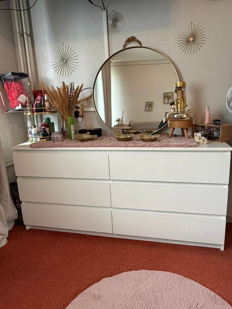 Witte ladekast met ronde spiegel, Ophalen, Zo goed als nieuw, 25 tot 50 cm, 50 tot 100 cm