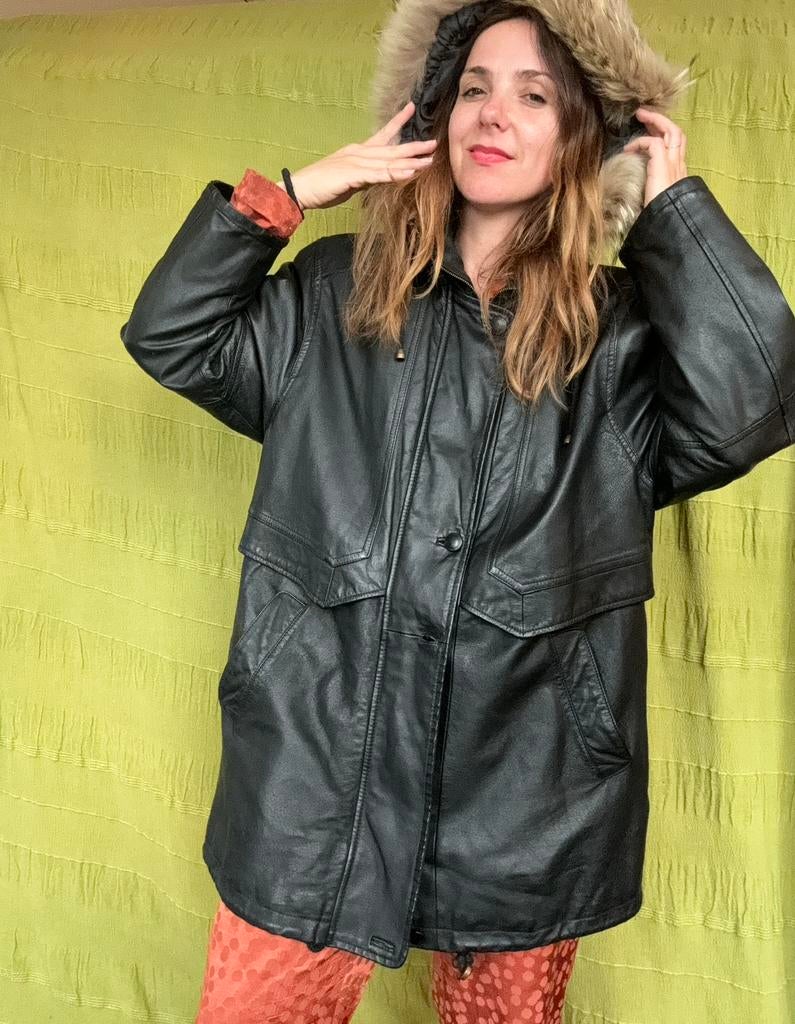 Vintage leren jas / parka - capuchon - jaren 80/90 42/XL, Kleding | Dames, Jassen | Winter, Hg, Zwart, Maat 42/44 (L), Ophalen of Verzenden