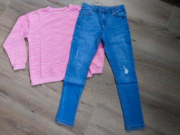 Roze zebra sweater & jeans maat 158 zeer goede staat beschikbaar voor biedingen