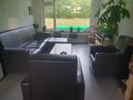 Grote bank, fauteuils en hocker , met gebruikssporen (kat)!, Ophalen, Gebruikt, Leer