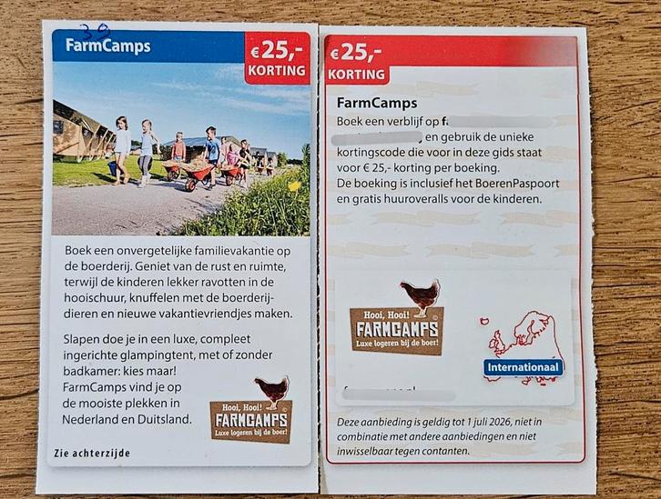 FarmCamps. € 25,- korting, Tickets en Kaartjes, Kortingen en Cadeaubonnen, Drie personen of meer, Kortingsbon