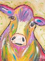 Schilderij met vrolijke kleurrijke koe, Minder dan 50 cm, Nieuw, Ophalen of Verzenden, Schilderij