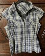 Geruit bloesje, blouse beige, wit, blauw; small / medium, Kleding | Dames, Ophalen of Verzenden, Zo goed als nieuw, Maat 38/40 (M)