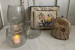 Brocante glazen windlichten - lingeriedoos - theemutsje, Antiek en Kunst, Ophalen of Verzenden