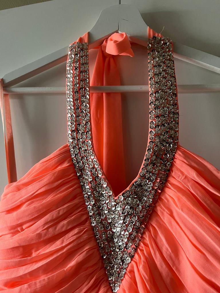 Prachtige galajurk met strass, Oranje, Zo goed als nieuw, Onder de knie, Ophalen