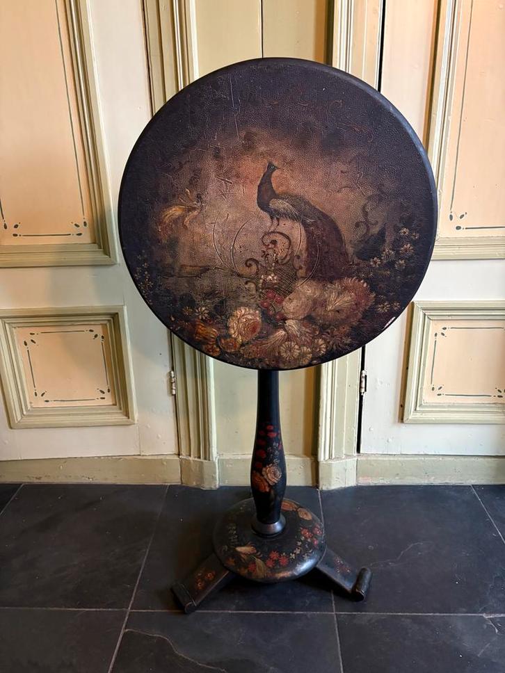 Antiek Frans tilt top Klaptafeltje - 19e Eeuw met pauwen, Antiek en Kunst, Antiek | Meubels | Tafels, Ophalen of Verzenden