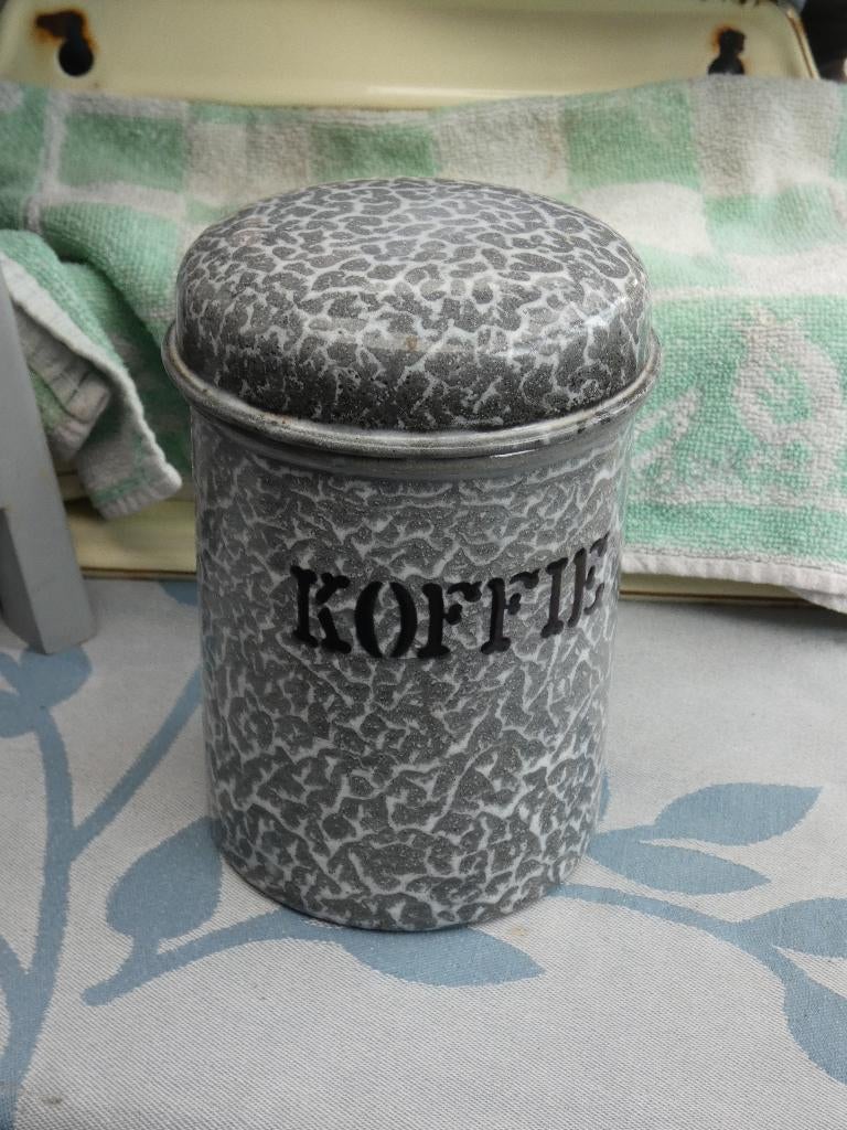 oude emaille koffiebus/ voorraadbus grijsgewolkt email, Antiek en Kunst, Antiek | Emaille, Ophalen of Verzenden