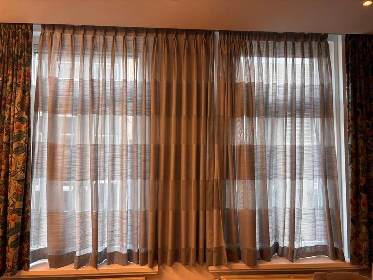 Grijze gordijnen, driedubbele plooi, Huis en Inrichting, Stoffering | Gordijnen en Lamellen, Zo goed als nieuw, 200 cm of meer