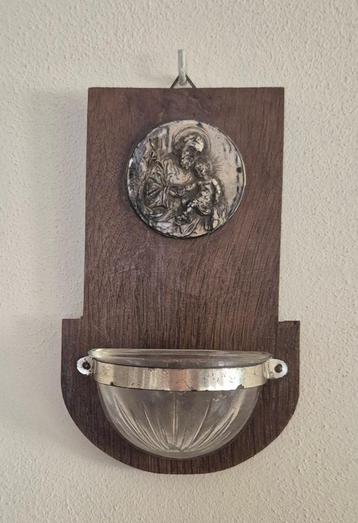Wijwaterbakje vintage hout/glas/verzilverd beschikbaar voor biedingen