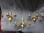 Drie koperen wandkandelaars, drielichts., Ophalen of Verzenden, Koper of Brons
