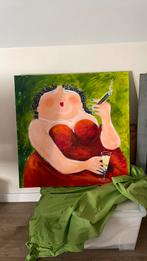Dikke dame op canvas doek geschilderd. Maat doek 1x1 mtr, Huis en Inrichting, Ophalen, 75 tot 100 cm, Schilderij