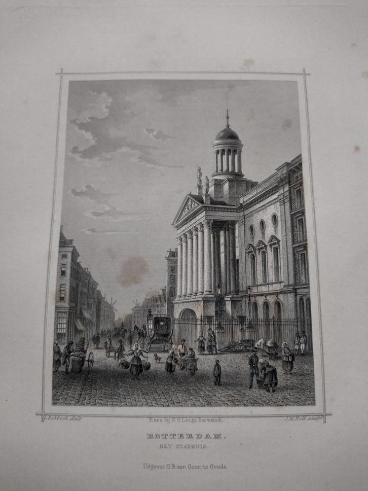 A 074 / Rotterdam het Stadhuis Staalgravure 1860, Antiek en Kunst, Kunst | Etsen en Gravures, Ophalen of Verzenden