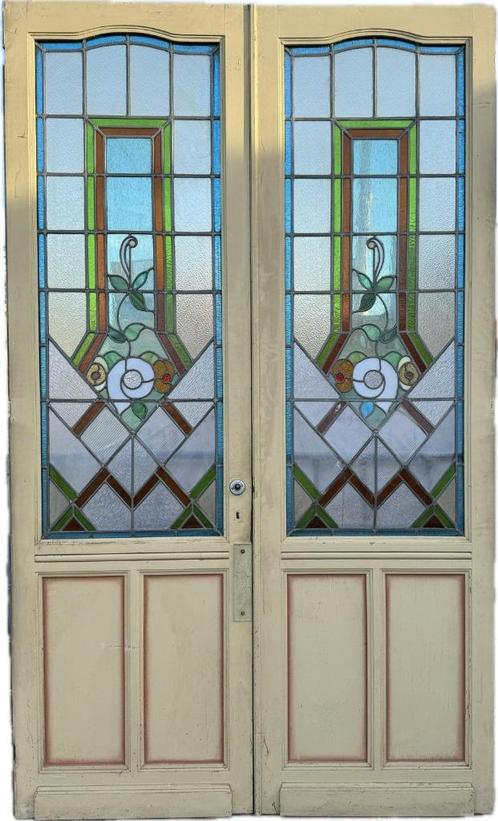 Set Jugendstil openslaande glas in lood deuren 257x154cm., Antiek en Kunst, Curiosa en Brocante, Ophalen
