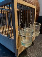 Vintage vogelkooitje met glazen voer- drink bakjes, Ophalen of Verzenden