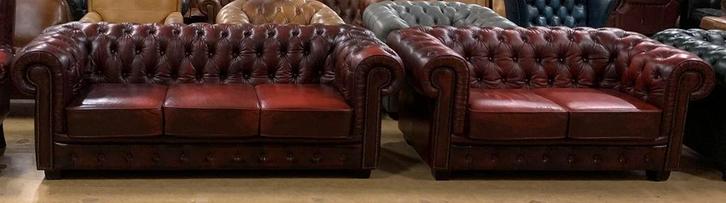 Prachtig Chesterfield Bankstel 3+2 Zits Wijnrood., Huis en Inrichting, Banken | Complete zithoeken, Gebruikt, Leer, Ophalen of Verzenden