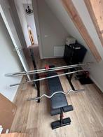 Bench press met en diverse stangen en t-bar row, Ophalen of Verzenden, Zo goed als nieuw