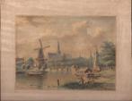 Gezicht op de stad Hulst. Aquarel J.J.A Hilverdink ca. 1860, Antiek en Kunst, Kunst | Etsen en Gravures, Ophalen of Verzenden