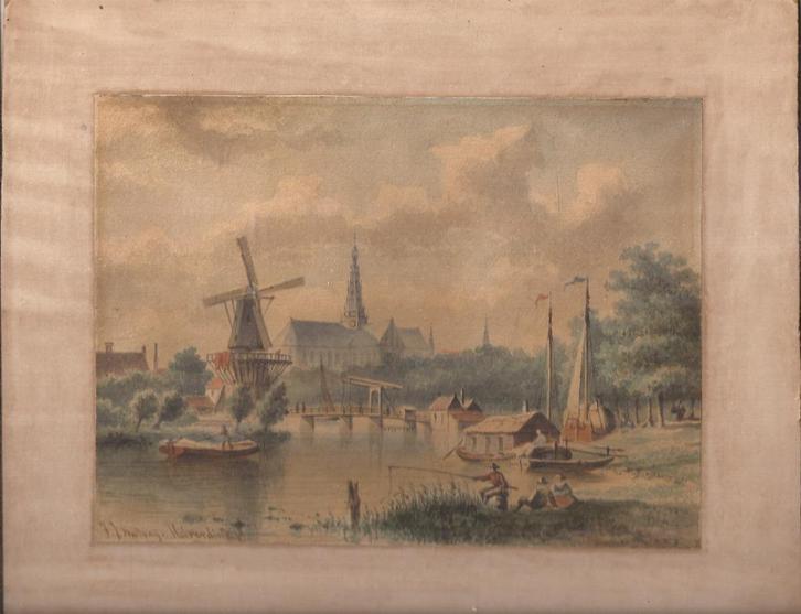 Gezicht op de stad Hulst. Aquarel J.J.A Hilverdink ca. 1860, Antiek en Kunst, Kunst | Etsen en Gravures, Ophalen of Verzenden