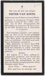 Pieter van Kints 1855 Langeraar + 1943 Langeraar, 88 jaar, Verzenden, Bidprentje