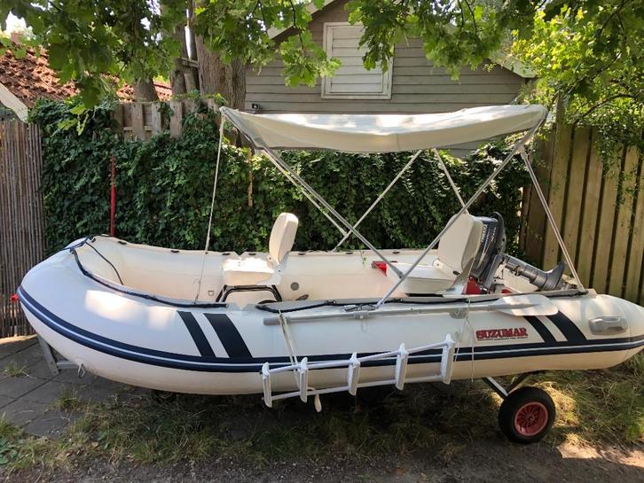 Suzamar 360 met alu vloer en 15PK 4s bb motor, Watersport en Boten, Rubberboten, Gebruikt, Overige merken, Aluminium, Minder dan 70 pk