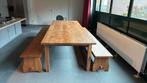 Massieve eettafel met houten banken, Huis en Inrichting, Tafels | Eettafels, Ophalen, Gebruikt, 100 tot 150 cm, 200 cm of meer