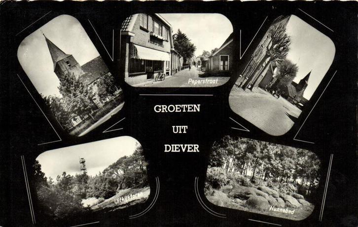 Groeten uit Diever - 5 afb o.a. Peperstraat - 1966 gelopen, Verzamelen, Ansichtkaarten | Nederland, Gelopen, Noord-Brabant, 1960 tot 1980