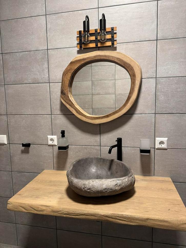 Eikenhout wasmeubel met natuurstenen wasbak, Huis en Inrichting, Badkamer | Badkamermeubels, Zo goed als nieuw, Wasbak of Wastafel