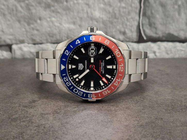 Tag Heuer Aquaracer calibre 7 GMT Pepsi 43mm full set 2019,, Sieraden, Tassen en Uiterlijk, Horloges | Heren, Zo goed als nieuw