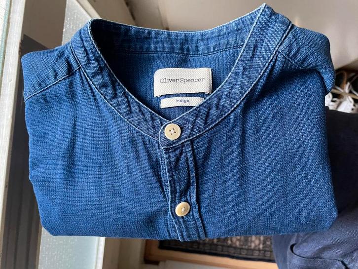 Oliver Spenser Grandad Shirt Kildale Indigo Rinse, Kleding | Heren, Overhemden, Nieuw, Halswijdte 41/42 (L), Blauw, Ophalen of Verzenden