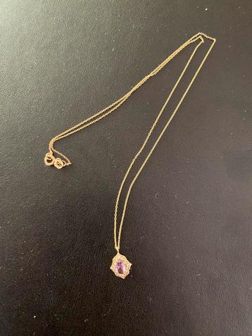 14 karaat gouden 585 ketting amethist edelsteen en strass beschikbaar voor biedingen