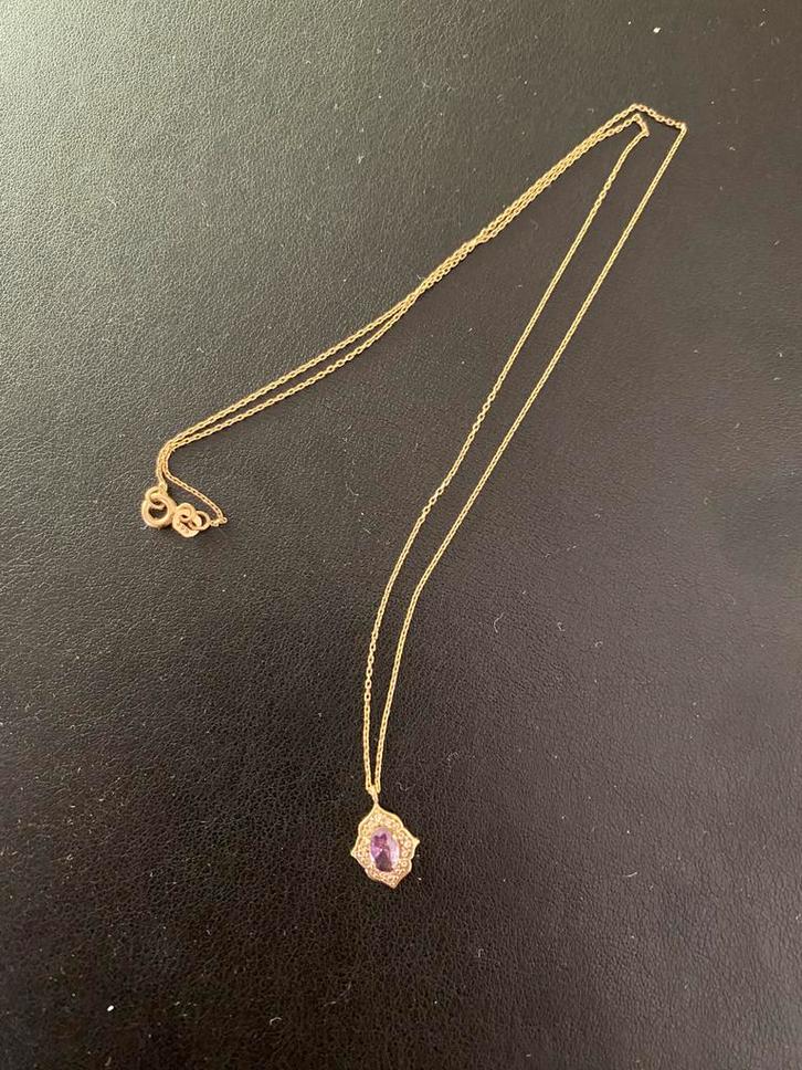 14 karaat gouden 585 ketting amethist edelsteen en strass, Sieraden, Tassen en Uiterlijk, Kettingen, Nieuw, Goud, Goud, Met edelsteen