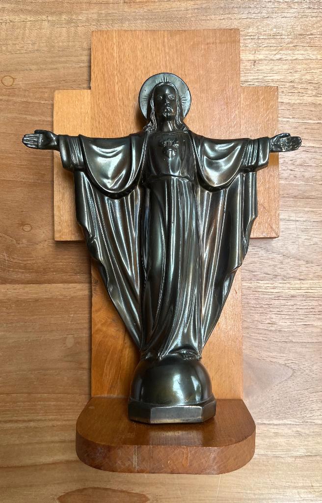 HEILIGHART BEELD VAN CHRISTUS-JEZUS (BRONS) 1950/60+SOKKEL, Antiek en Kunst, Antiek | Religie, Ophalen of Verzenden