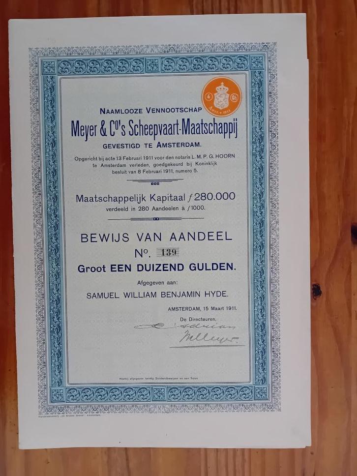 NV Meyer & Co's Scheepvaart Maatschappij - 1911, Verzamelen, Scheepvaart, Gebruikt, Ophalen of Verzenden