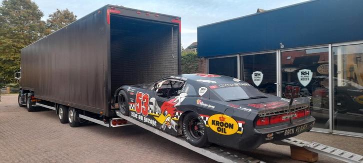 2 ass. dieplader auto race trailer cross F1 F2 NIEUWE APK !!, Auto's, Vrachtwagens, Bedrijf, Zwart, Ophalen