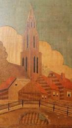 Houten schilderij toren van Delft 1940. Fam. Moen, Ophalen