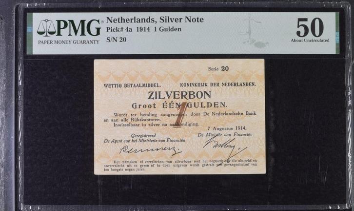 Bijna UNC biljet 1 gulden zilverbon 1914, serie 20 - PMG 50, Postzegels en Munten, Bankbiljetten | Nederland, Ophalen of Verzenden