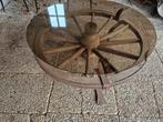 Unieke salontafel van oud wagenwiel met glasplaat, Ophalen