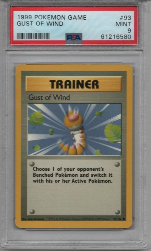 Trainer Gust of wind Psa 9 Base set unlimited, Hobby en Vrije tijd, Verzamelkaartspellen | Pokémon, Zo goed als nieuw, Losse kaart