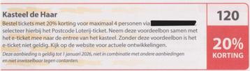 Kasteel de Haar Utrecht. 20% korting. Postcodeloterij nr 120 beschikbaar voor biedingen