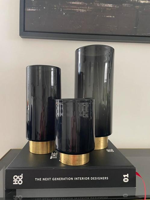 Set 3 glazen design vazen met gouden voet S|P Collection, Huis en Inrichting, Woonaccessoires | Vazen, Zo goed als nieuw, Zwart
