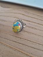 Tibetaans zilveren ring met gekleurde turquoise, maat 16., Ophalen of Verzenden, Zilver, Ring, Met edelsteen
