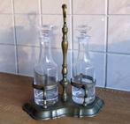 Brocante menage set olie azijn stel glas flesjes in houder, Antiek en Kunst, Ophalen of Verzenden