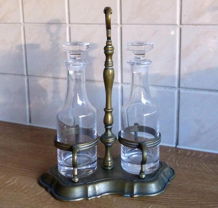 Brocante menage set olie azijn stel glas flesjes in houder, Antiek en Kunst, Curiosa en Brocante, Ophalen of Verzenden