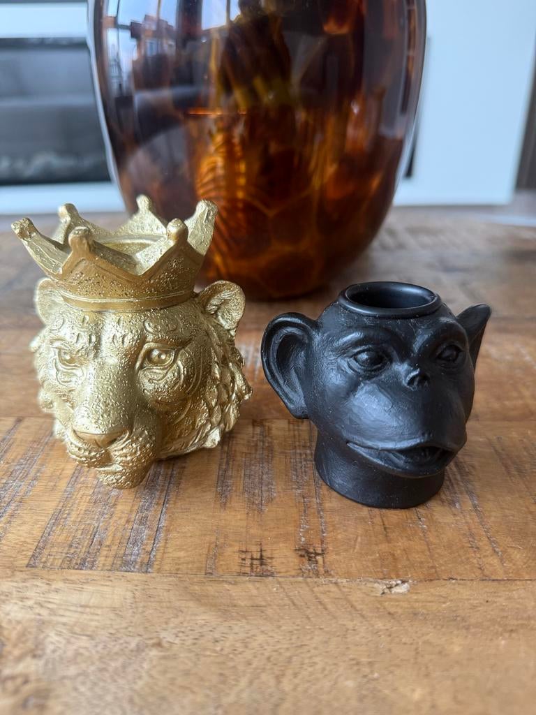 Gouden Leeuw & Zwarte Apen Kaarsen Houders, Huis en Inrichting, Woonaccessoires | Overige, Ophalen of Verzenden, Gebruikt